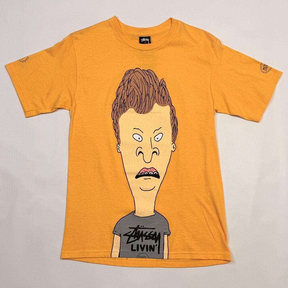 Stussy Shirt Mens Small Yellow Beavis Butt-Head Graphic Tee Streetwear Cartoon